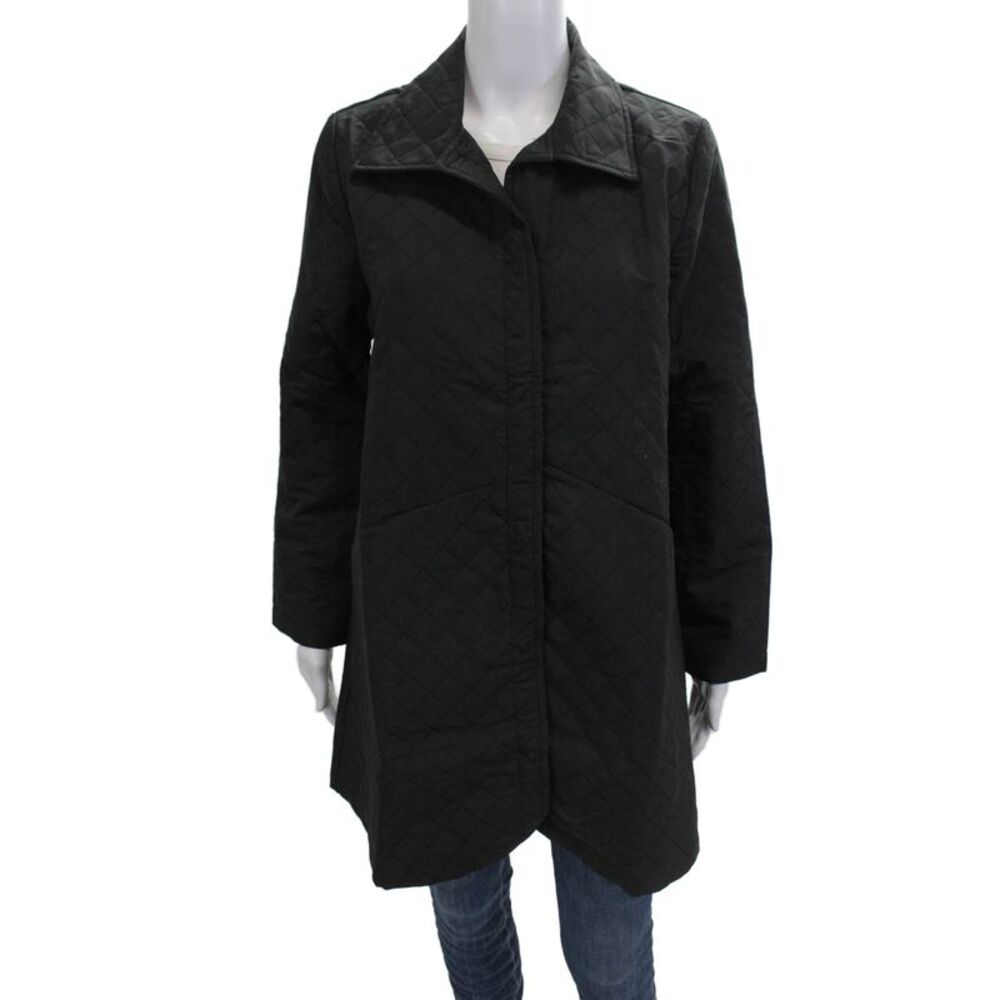 Shana Women Quilted Argyle Black Collared Snap Coat Long Sleeve Size S
